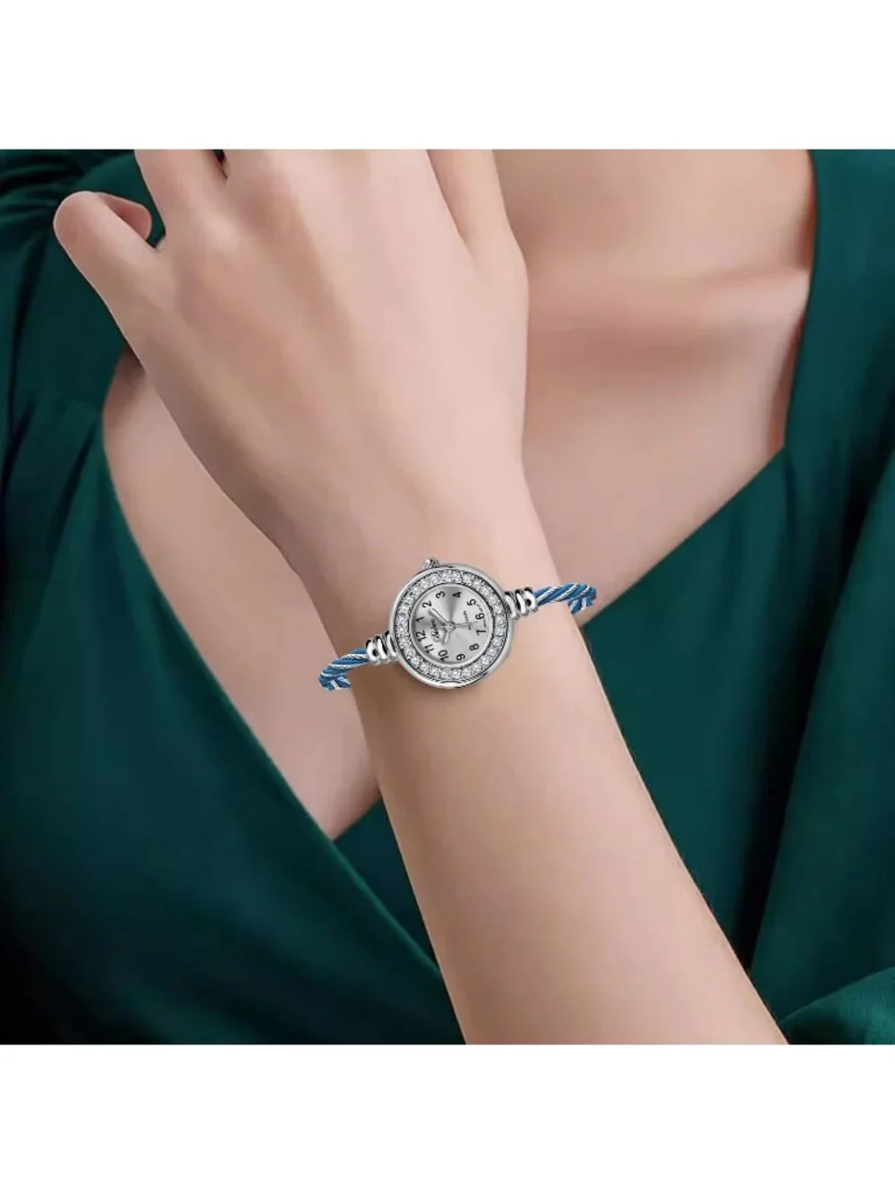 Women's Gold And Blue Analog Cable Cuff Arabic Numbers Rhinestone Bracelet Watch